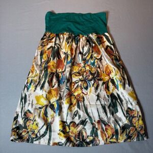 Vintage Muise Womens Floral Strapless Mini Dress Green Yellow Satin Look Size S
